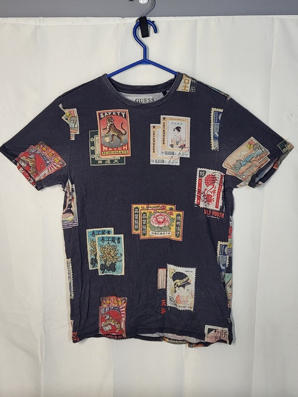 GUESS Black Short Sleeve Tee with Multicolor Stamp Graphics